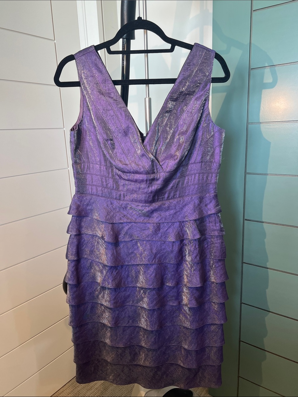 Adrianna Papell Purple Metallic V-Neck Tiered Midi Dress
